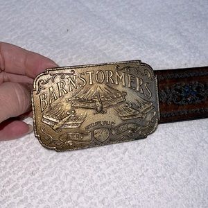 Painted & tooled leather belt with Barnstormers buckle.